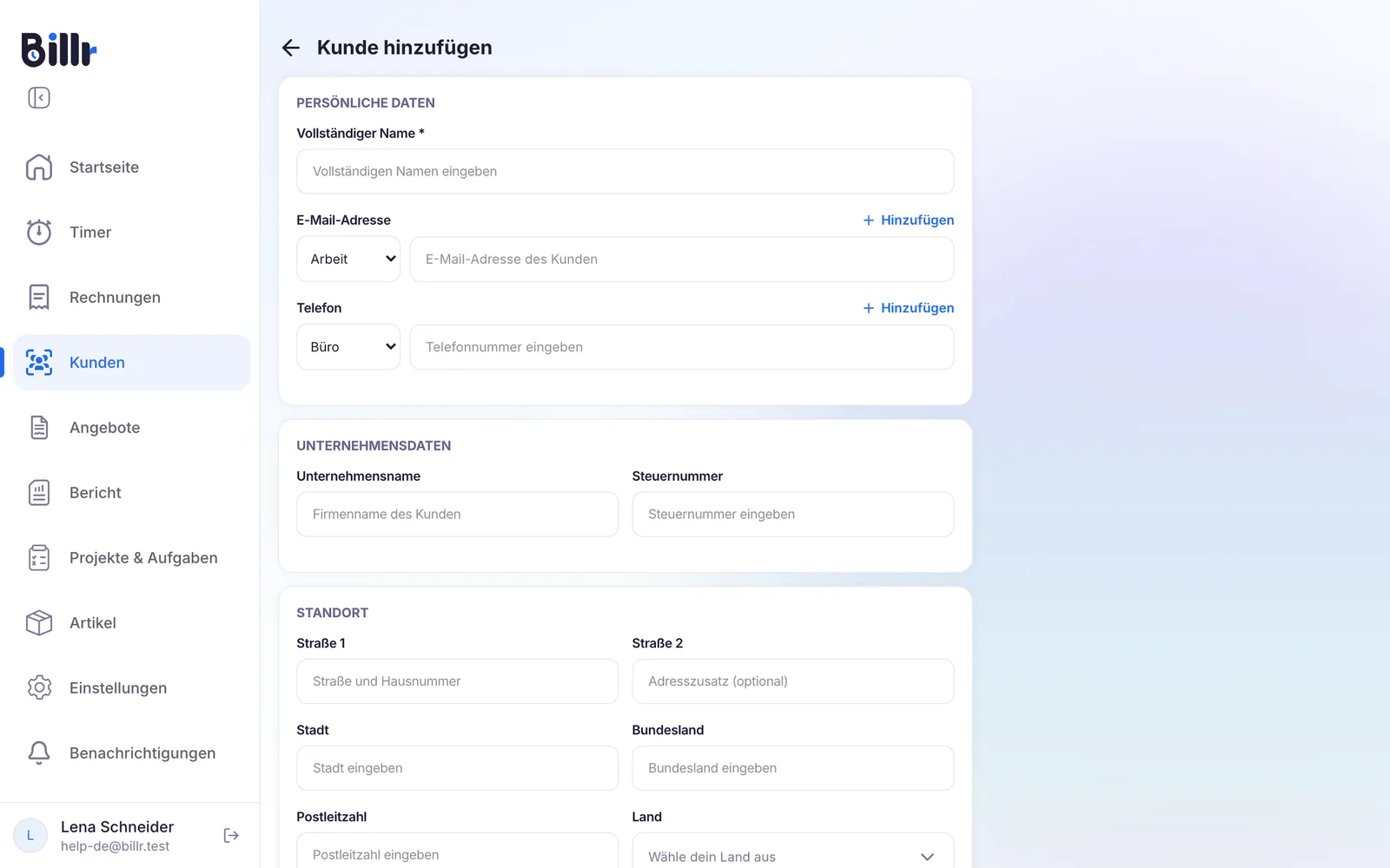 Der Bildschirm Kunden hinzufügen, mit vollständigem Namen, E-Mail-Adresse, Telefon, Unternehmensname, Steuernummer und Adresse