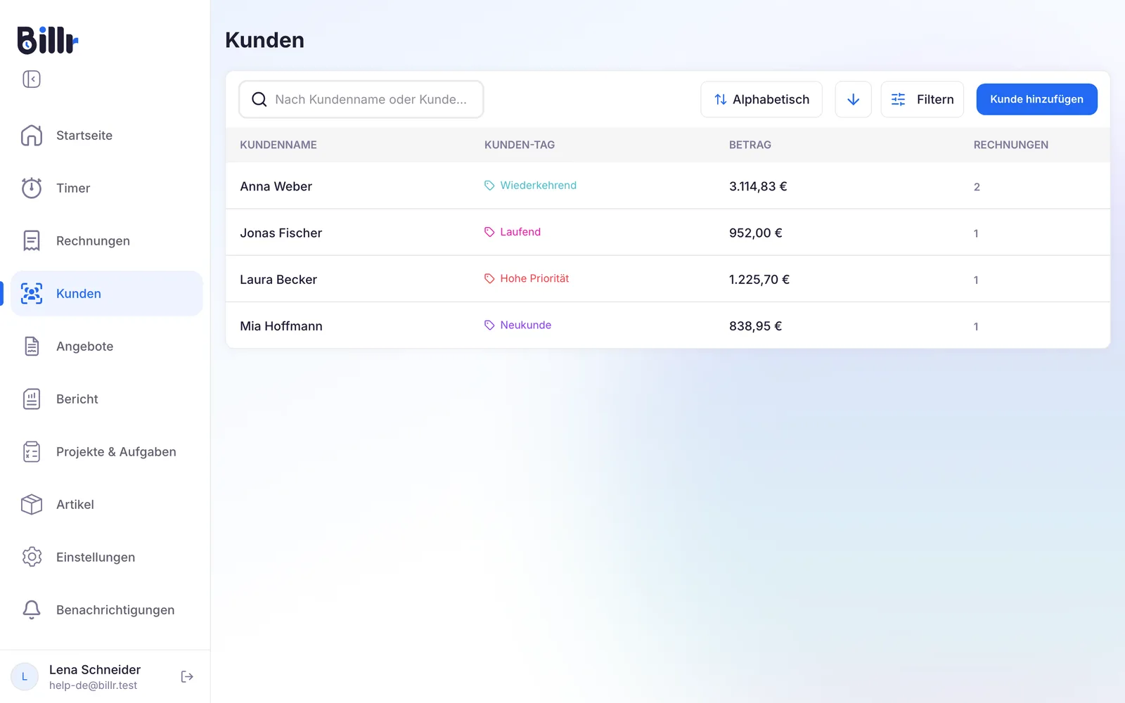 Die Kundenliste in Billr, mit Kunden-Tag, Betrag und Anzahl der Rechnungen jedes Kunden