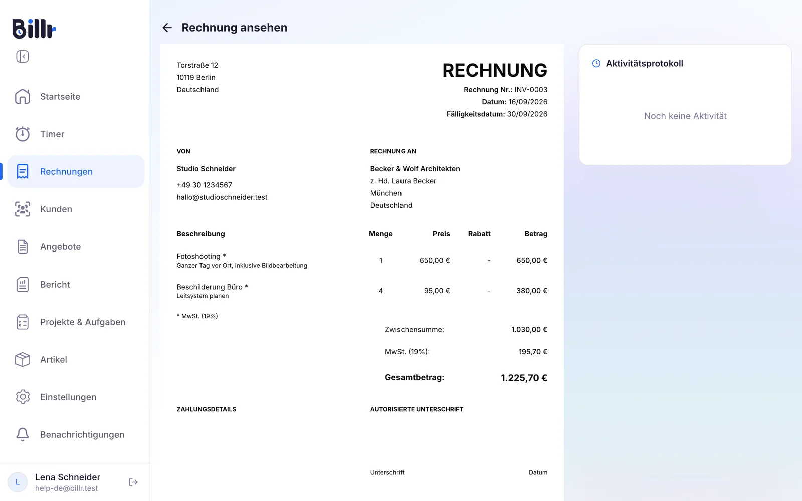 Eine gesendete Rechnung, mit dem Aktivitätsprotokoll rechts