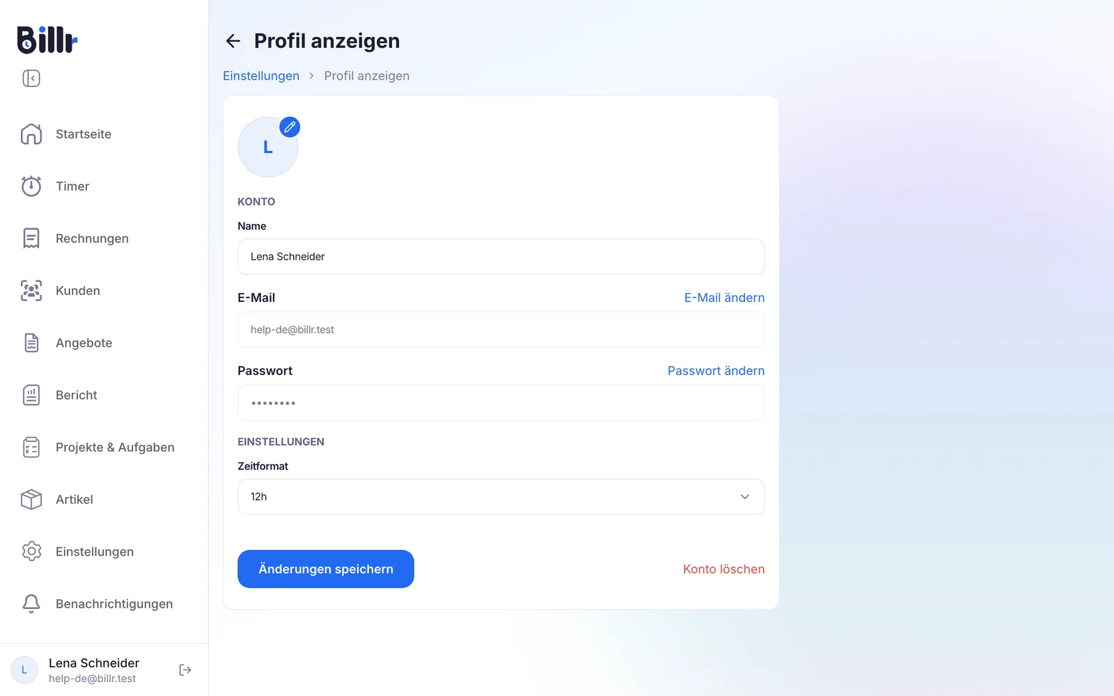 Der Bildschirm Profil anzeigen in Billr, mit Name, E-Mail-Adresse, Passwort, Zeitformat und dem Knopf Konto löschen