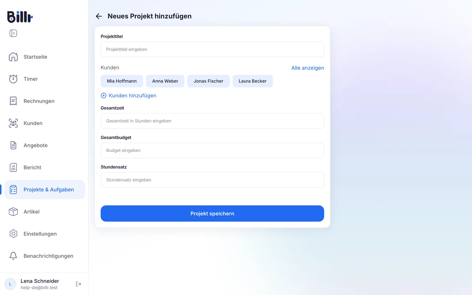 Der Bildschirm für ein neues Projekt, mit Projekttitel, den Kunden zur Auswahl, Gesamtzeit, Gesamtbudget und Stundensatz