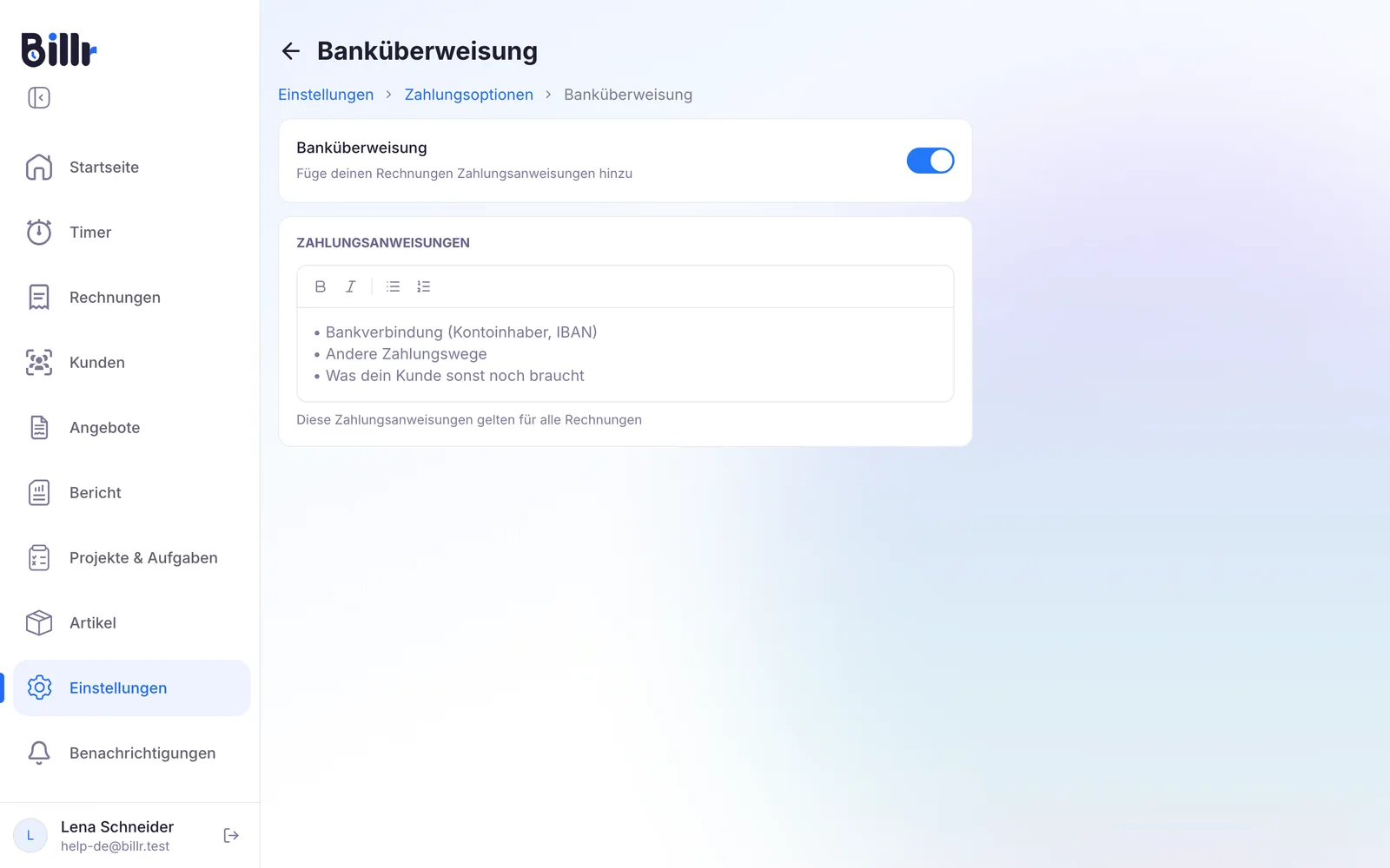 Der Bildschirm Banküberweisung, eingeschaltet, mit dem Feld für die Zahlungsanweisungen