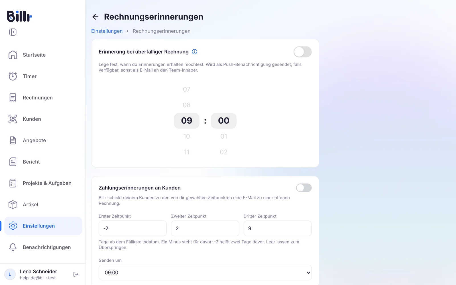 Der Bildschirm Rechnungserinnerungen in Billr, mit der Erinnerung bei überfälligen Rechnungen für dein Team und den Zahlungserinnerungen an Kunden mit 3 Zeitpunkten und einer Sendezeit