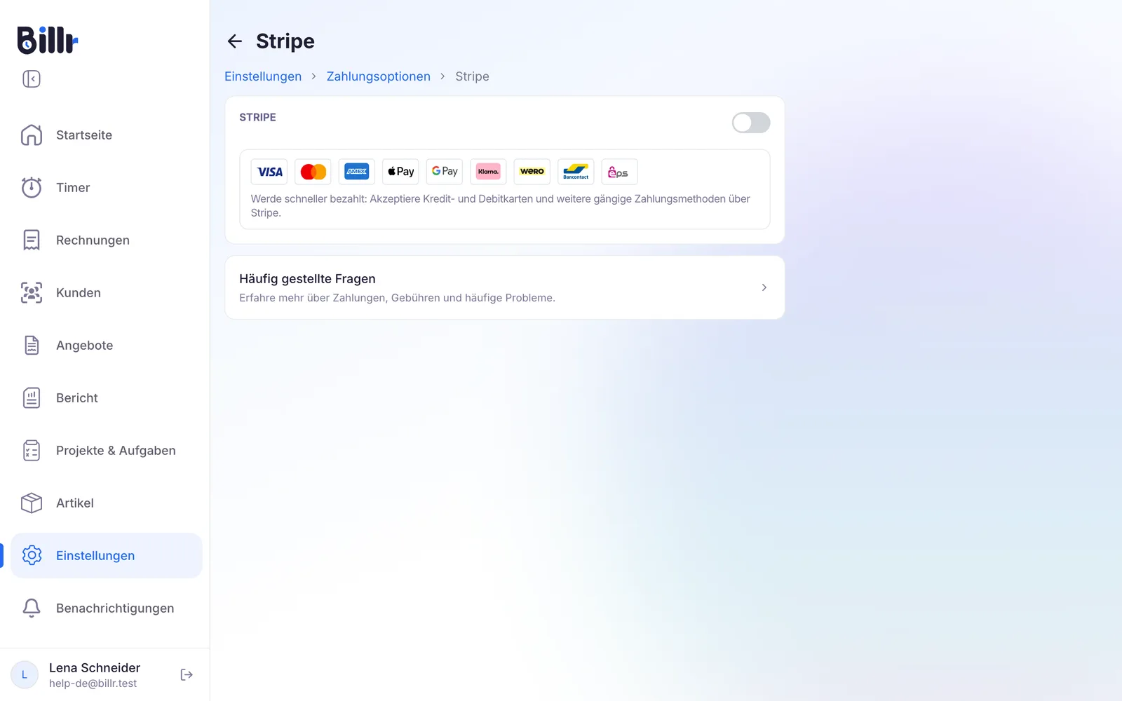 Der Stripe-Bildschirm mit dem Schalter, der die Einrichtung startet, und den Zahlungsmethoden, die Stripe anbietet