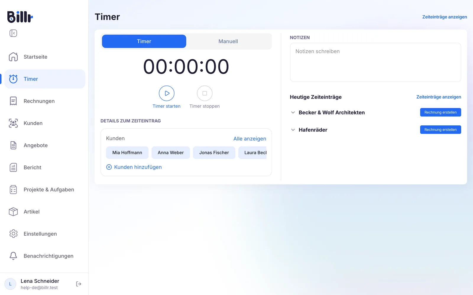 Der Timer-Bildschirm, startbereit, mit den Kunden zur Auswahl darunter