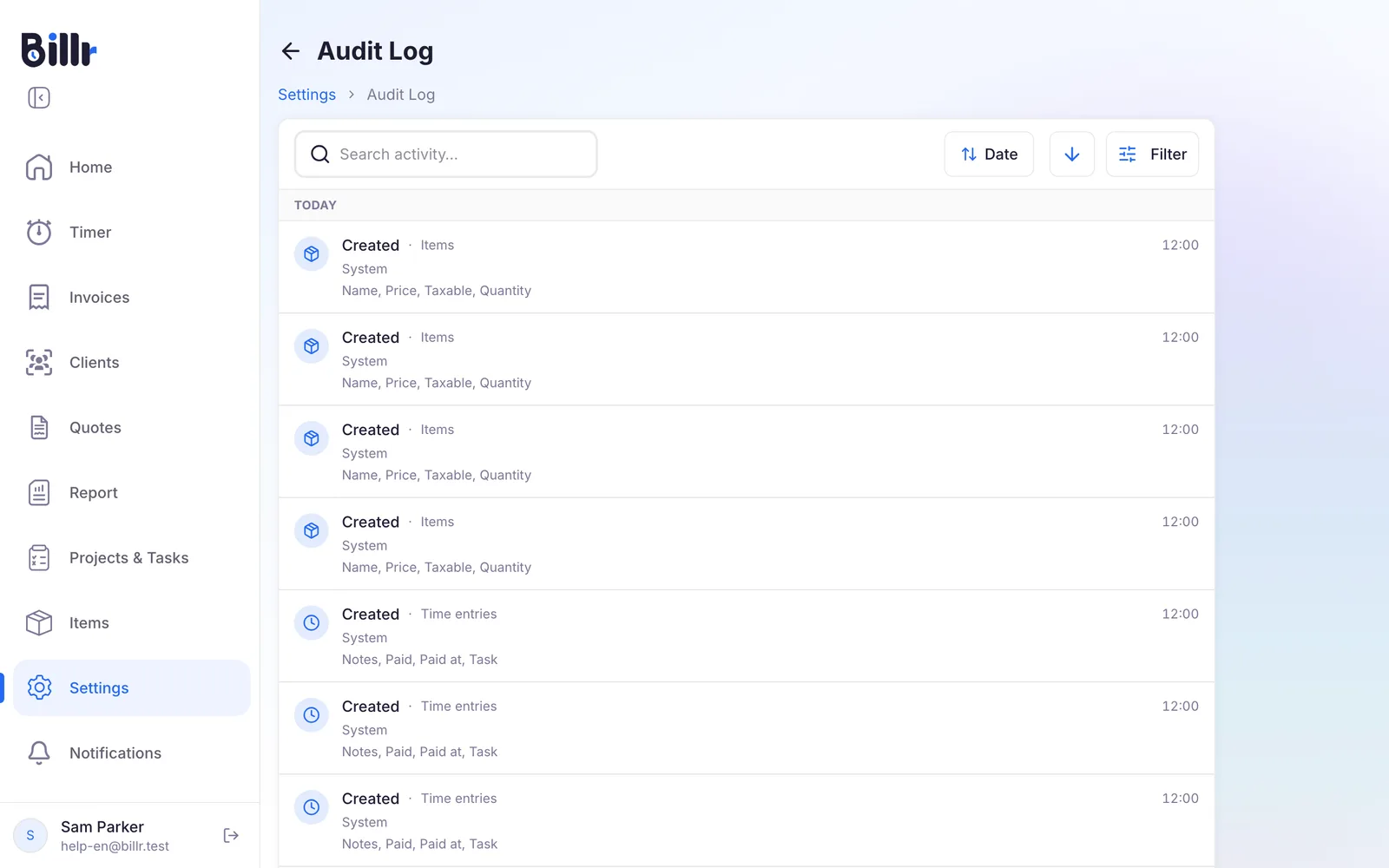 The audit log with every change in the team, newest first
