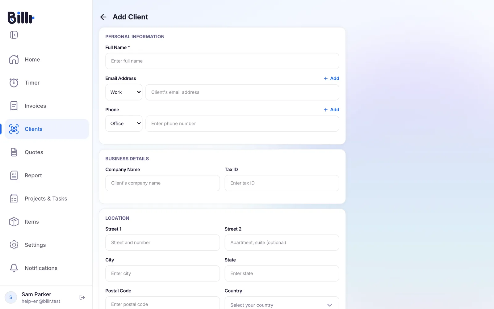 The Add Client screen, with the full name, email address, phone, company name, tax ID and address