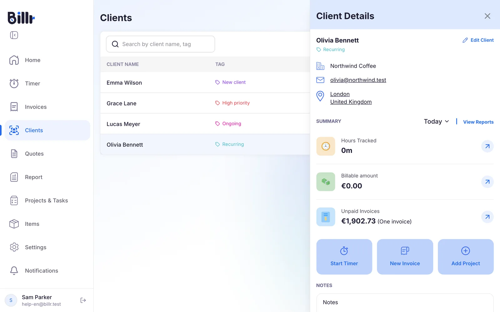 The Client Details panel next to the client list, with the summary of hours, billable amount and unpaid invoices