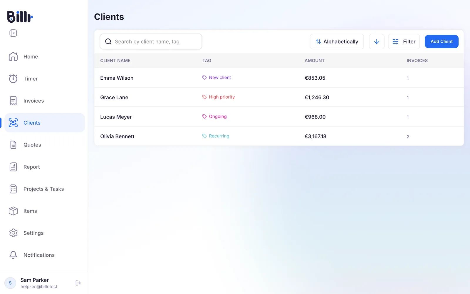 The client list in Billr, with each client's tag, amount and number of invoices