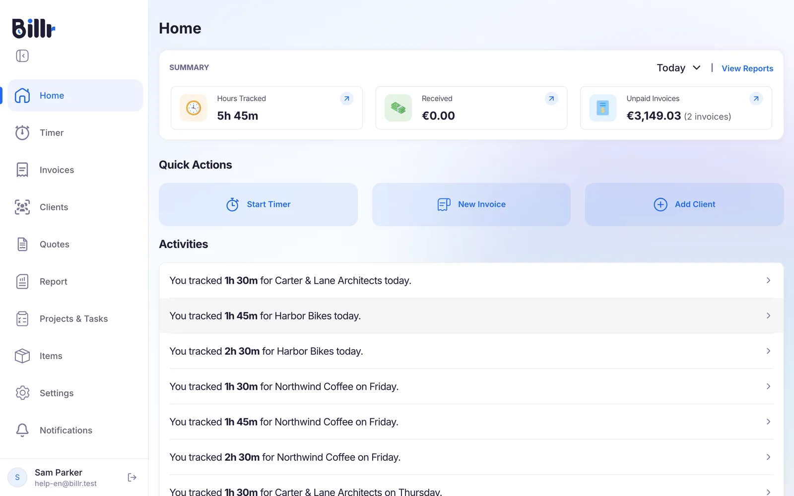 The Home screen in Billr, with the summary of hours tracked, received and unpaid invoices, and the quick actions below it