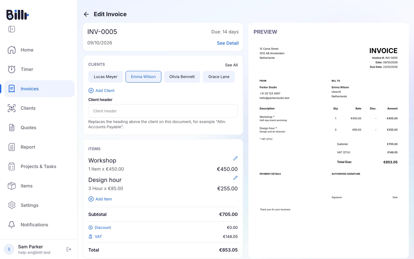 A draft invoice with two lines and the PDF preview on the right