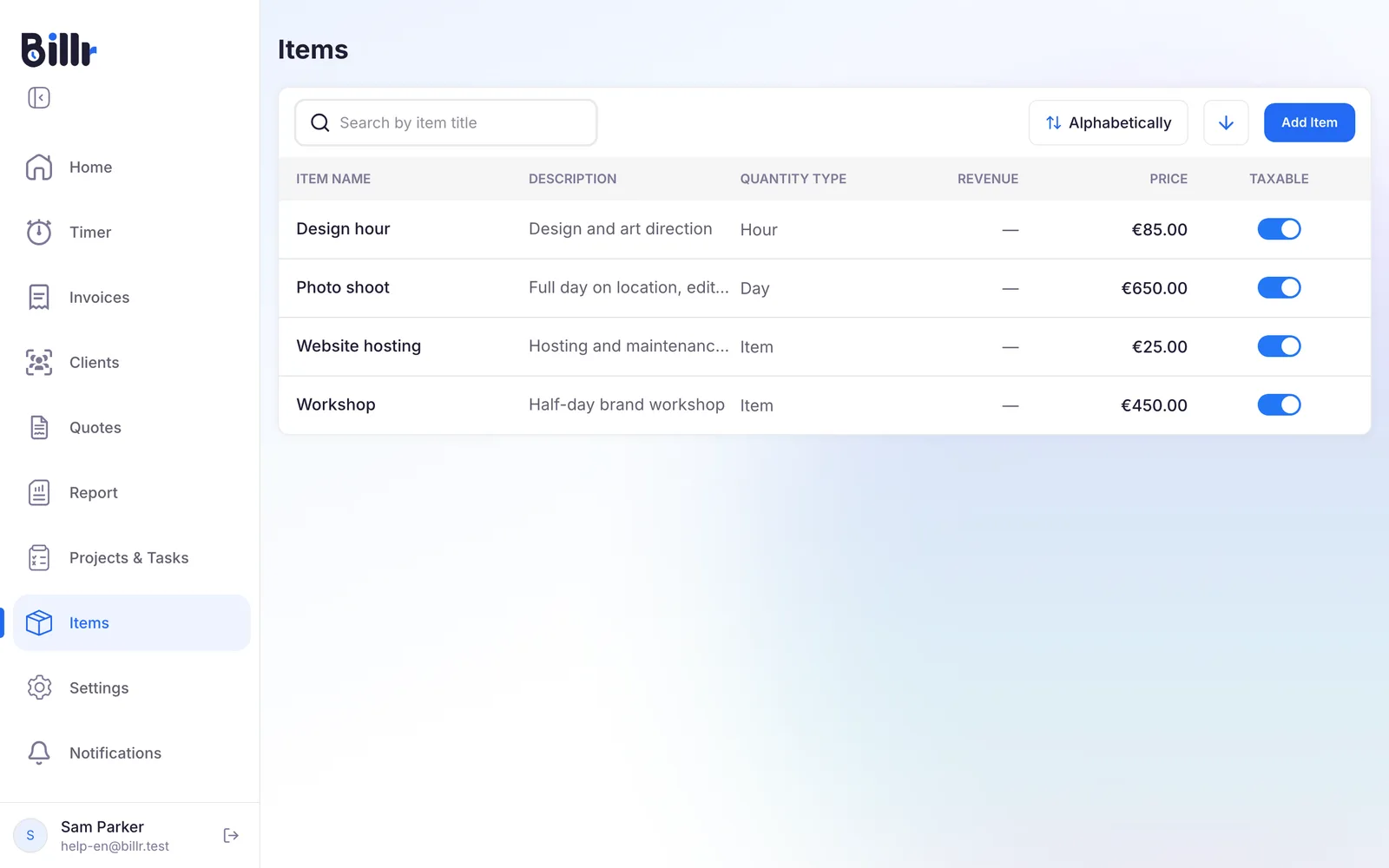 The Items screen in Billr, with each item's description, quantity type, revenue, price and whether it is taxable