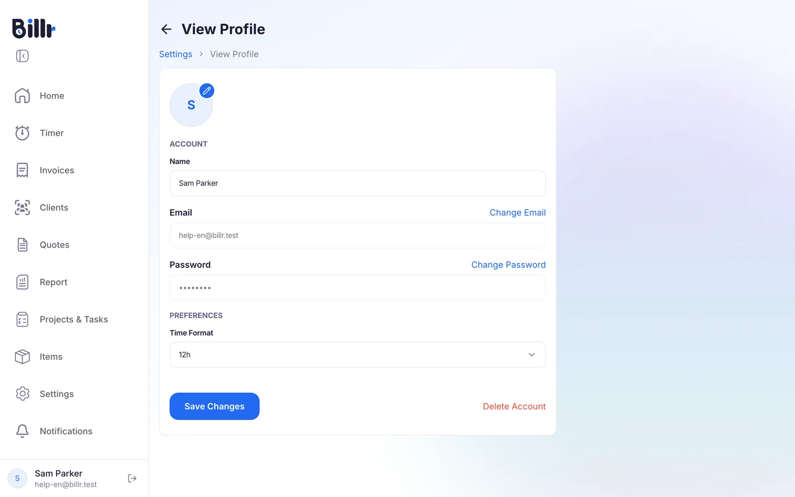 The View Profile screen in Billr, with the name, email address, password, time format and the Delete Account button