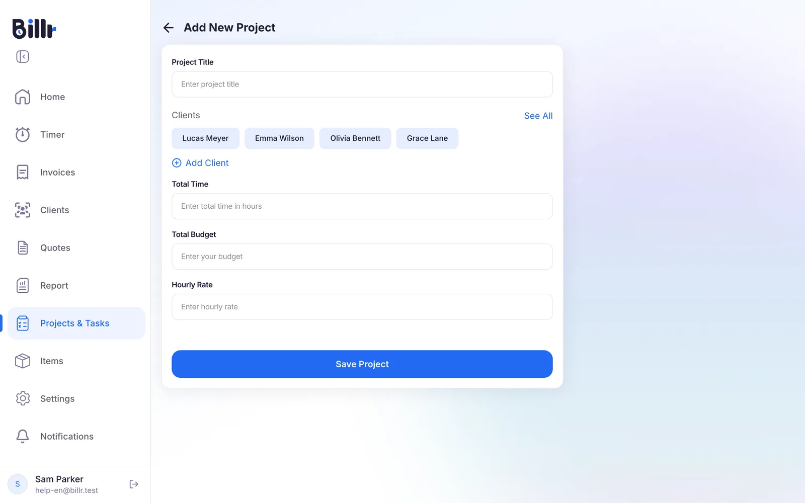 The Add New Project screen, with the project title, the clients to pick from, total time, total budget and hourly rate