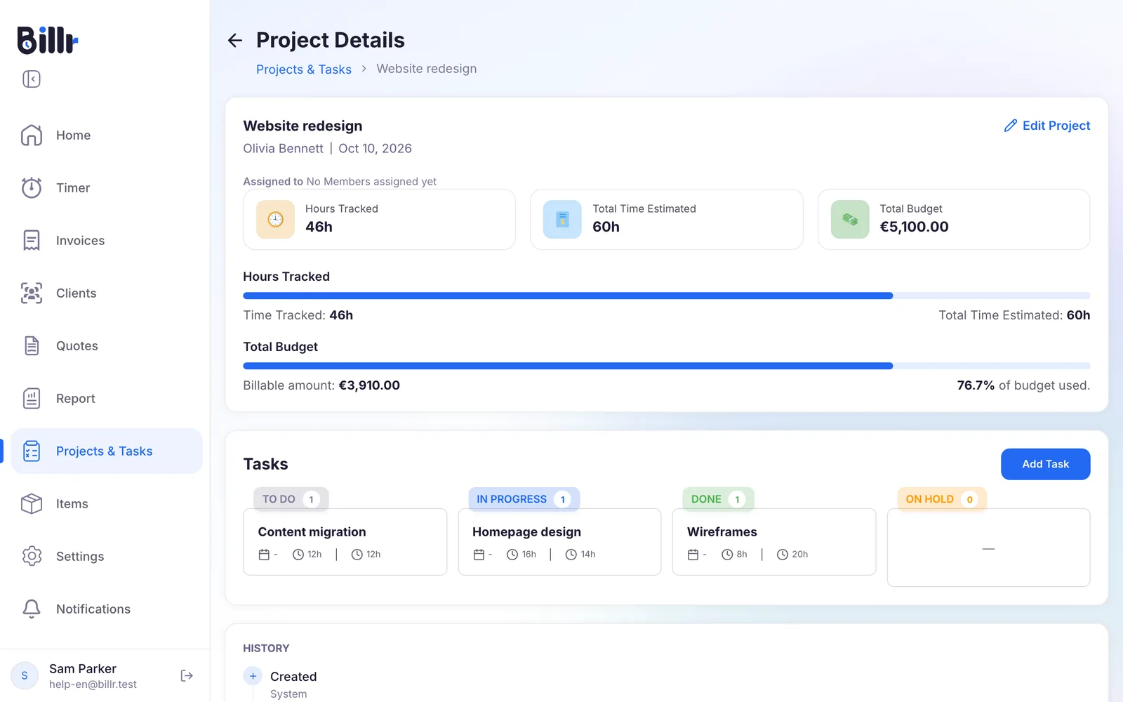 A project with its hours tracked, estimated time and the share of the budget used