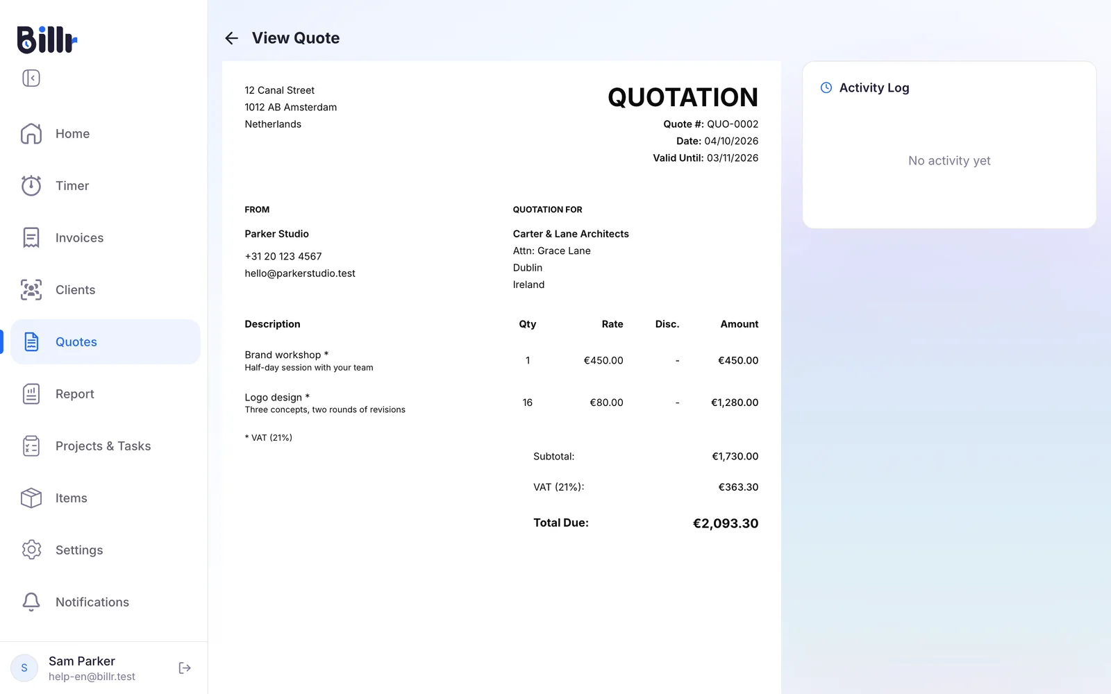 A quote in Billr as your client sees it, with the lines, the tax and the total, and the activity log on the right