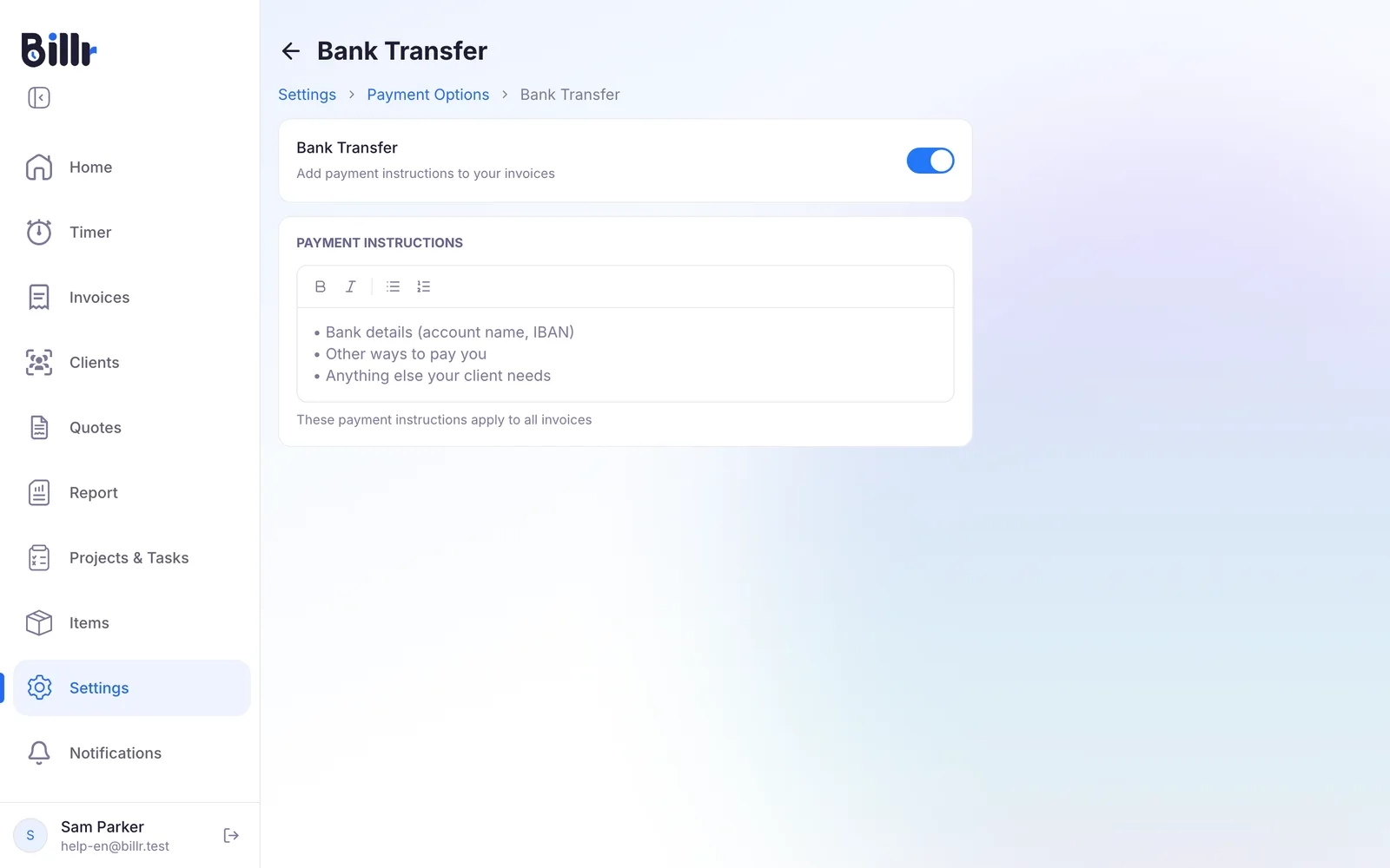 The Bank Transfer screen, switched on, with the field for payment instructions