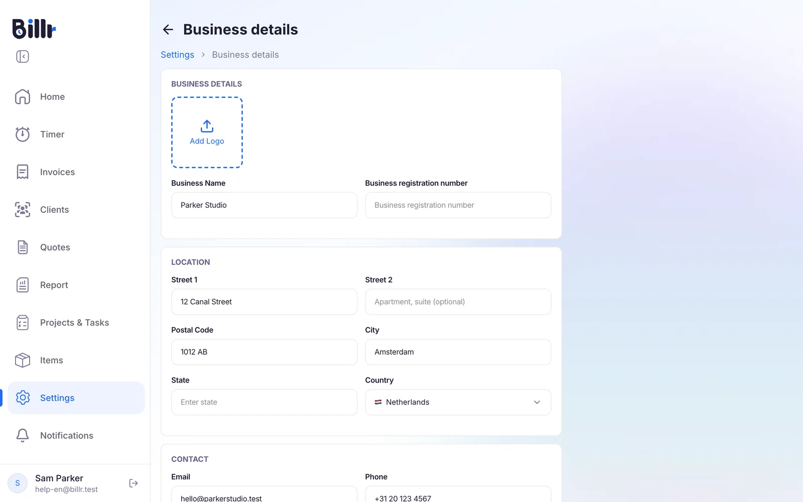 The Business details screen, with a logo field, the business name, the address and the contact details