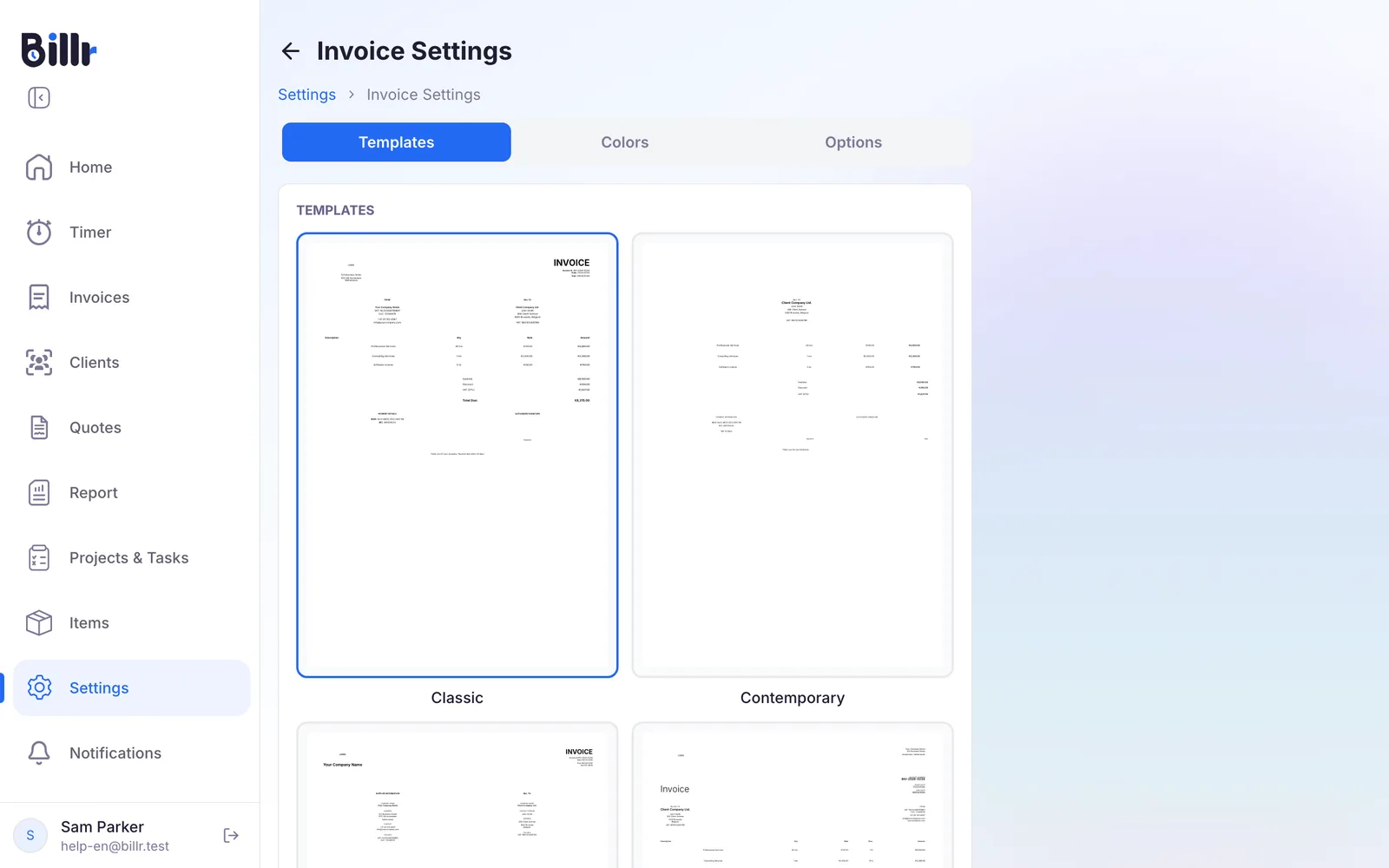 The Invoice Settings screen in Billr, with the Templates, Colors and Options tabs and the four templates