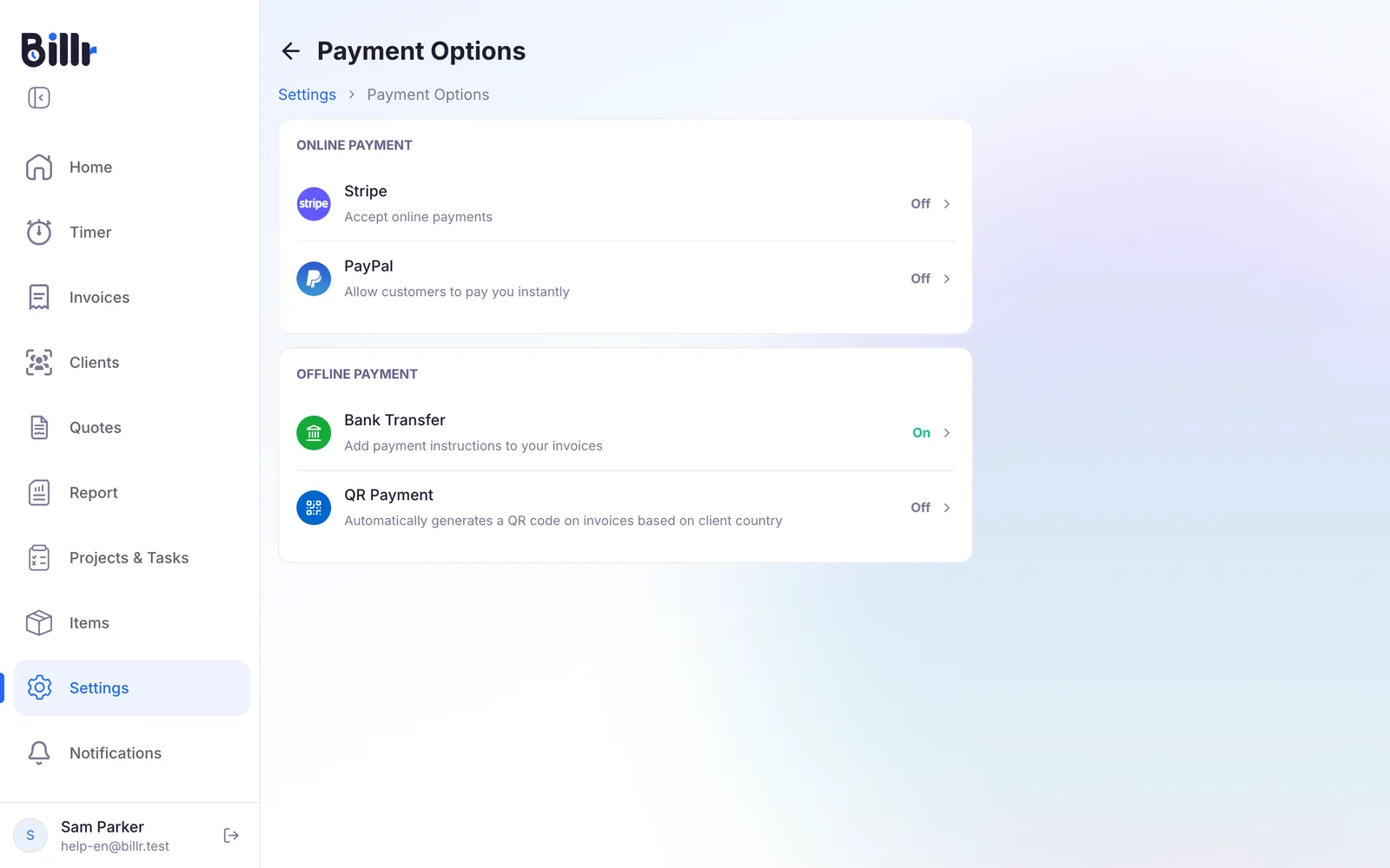 The Payment Options screen in Billr, with Stripe and PayPal under online payment and Bank Transfer and QR Payment under offline payment