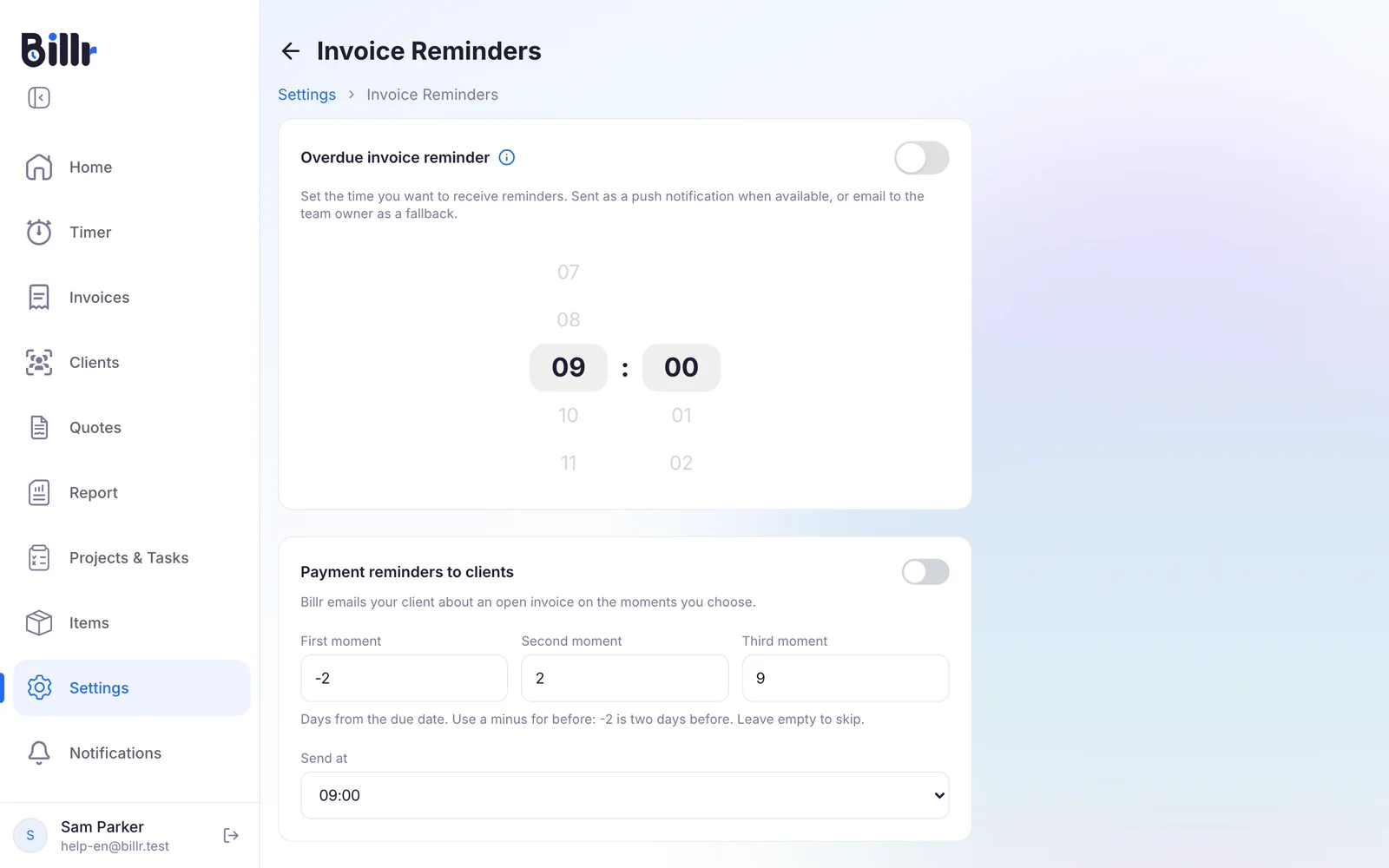 The Invoice Reminders screen in Billr, with the overdue invoice reminder for your team and the payment reminders to clients with three moments and a sending time