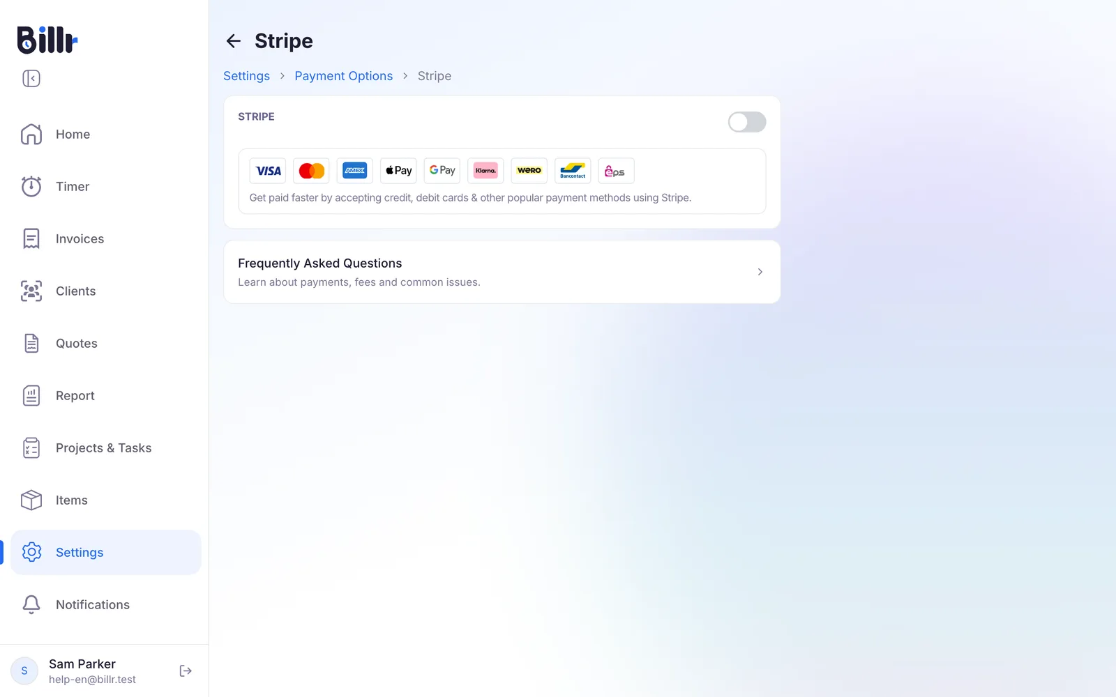 The Stripe screen with the switch to start the setup and the payment methods Stripe offers