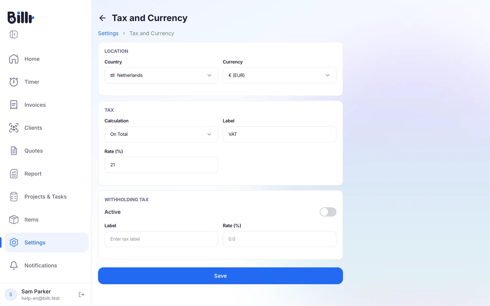 The Tax and Currency screen with the country, the currency, the tax calculation, label and rate, and withholding tax