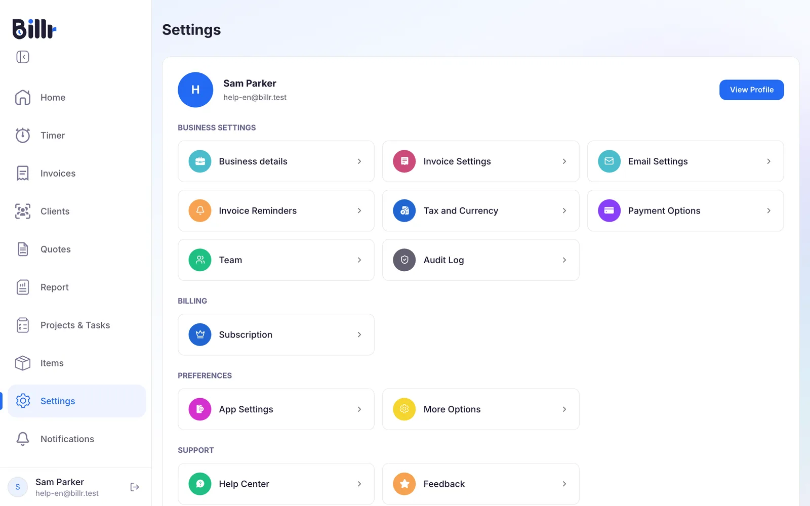 The Settings screen, with Business details, Invoice Settings, Tax and Currency and the other settings