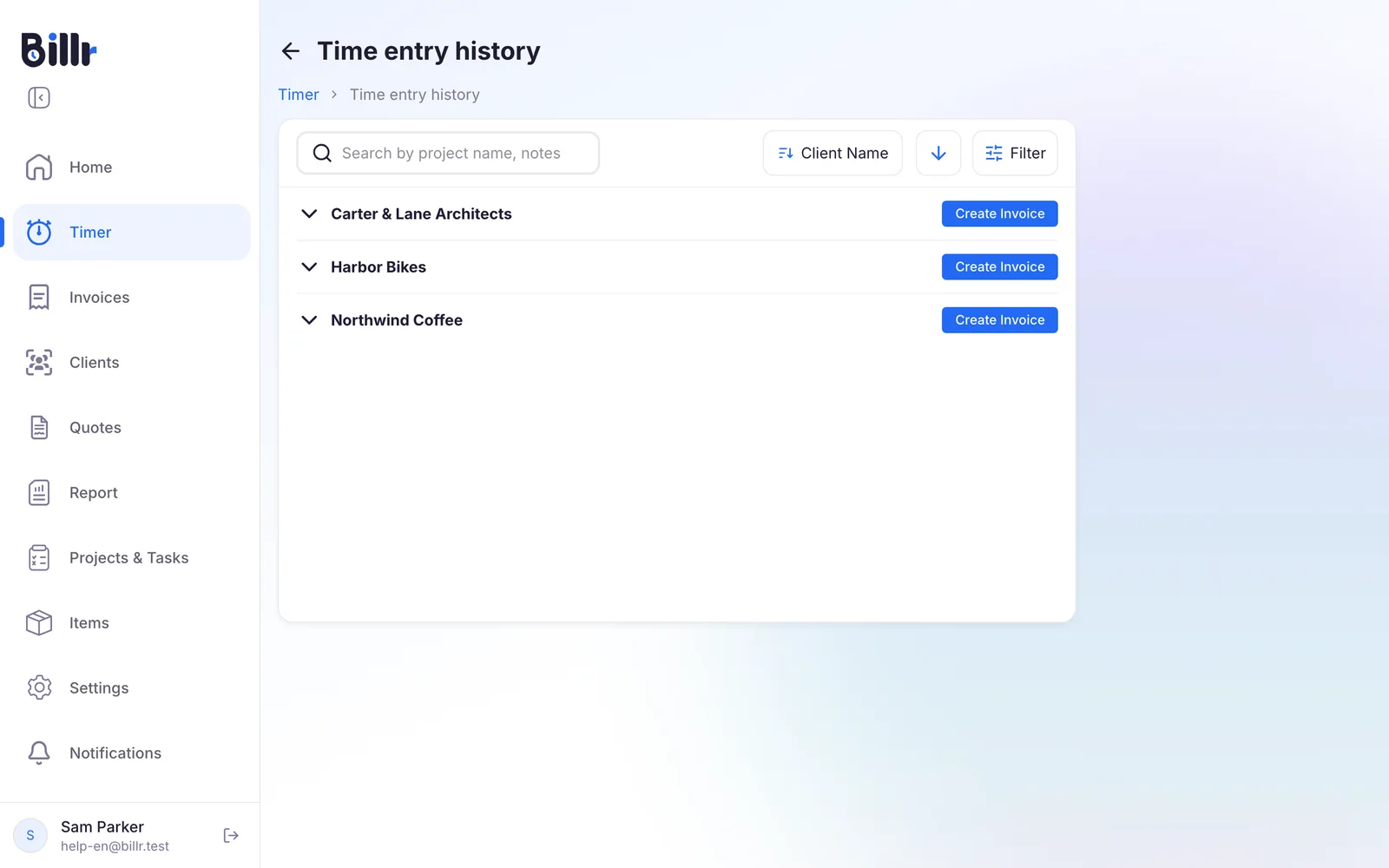 Time entry history, with time entries grouped by client and a Create Invoice button next to each client
