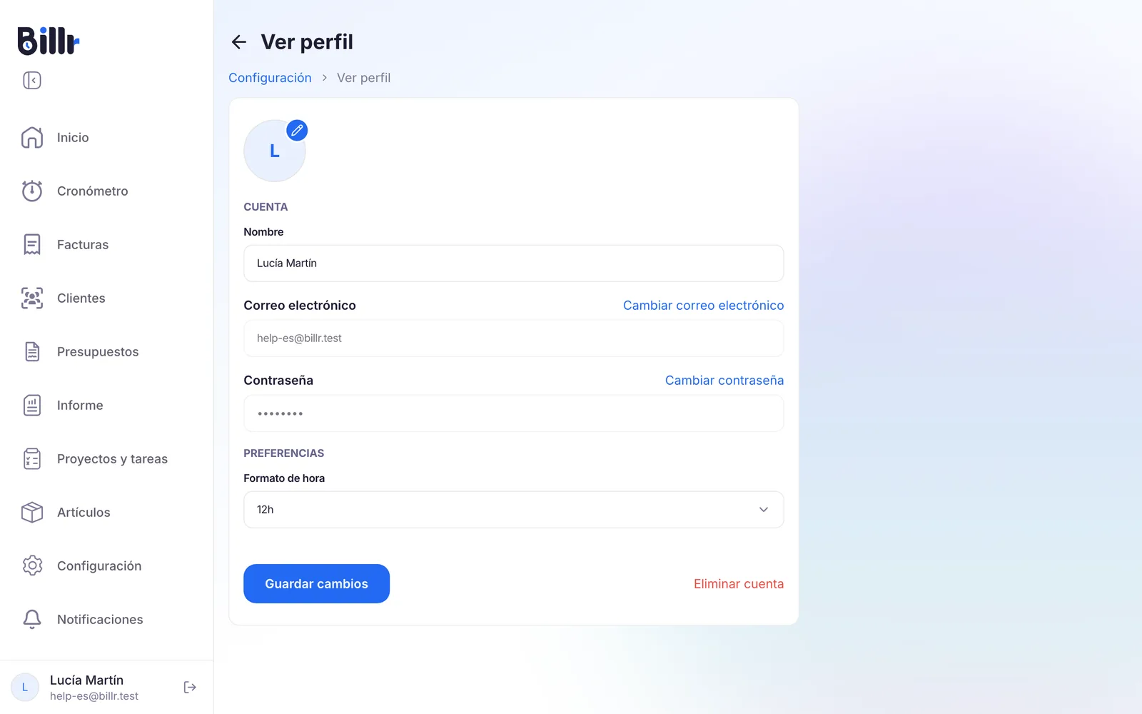 La pantalla Ver perfil de Billr, con el nombre, la dirección de correo, la contraseña, el formato de hora y el botón Eliminar cuenta