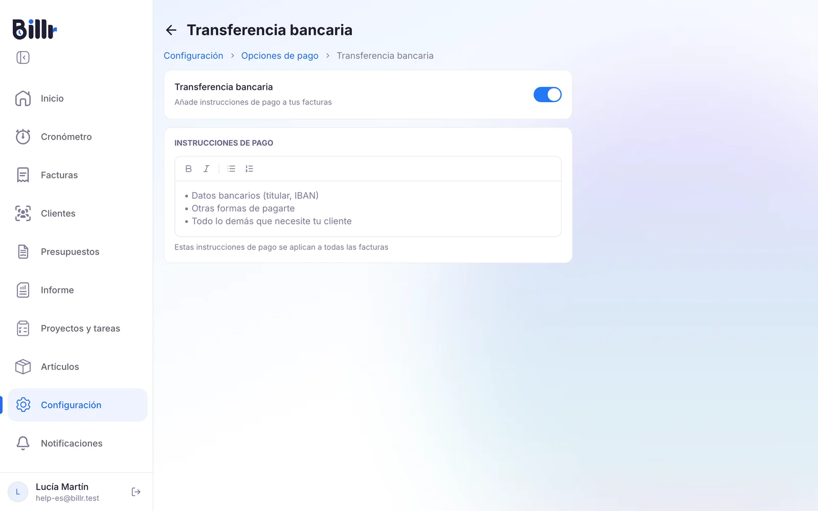 La pantalla Transferencia bancaria, activada, con el campo para las instrucciones de pago