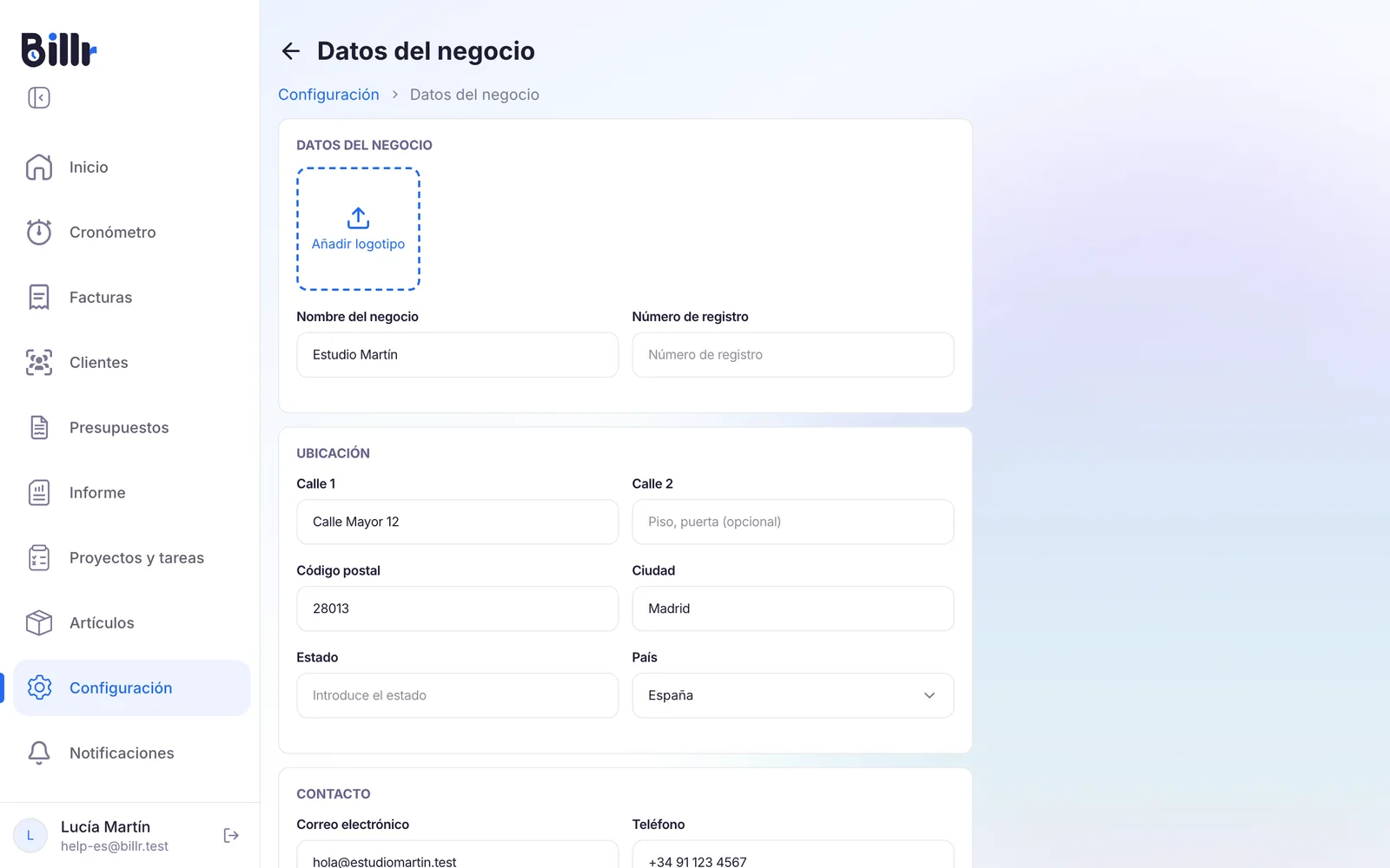 La pantalla Datos del negocio, con el campo del logotipo, el nombre del negocio, la dirección y los datos de contacto