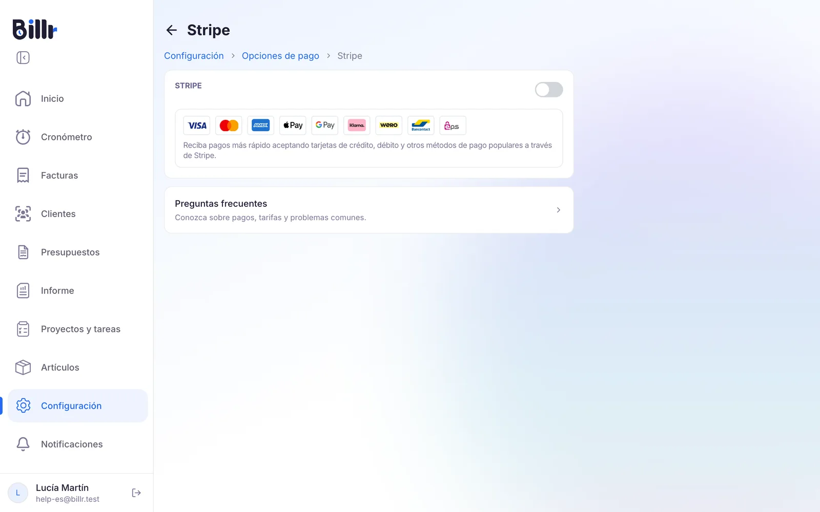 La pantalla de Stripe con el interruptor para empezar la configuración y los métodos de pago que ofrece Stripe