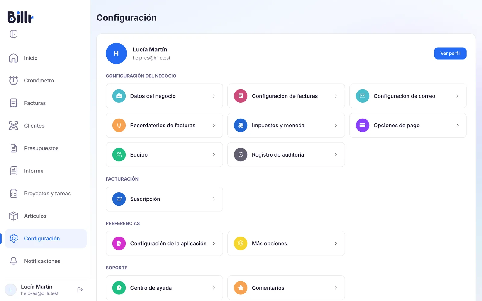 La pantalla Configuración de Billr, con tu perfil arriba y Configuración del negocio, Facturación, Preferencias y Soporte debajo