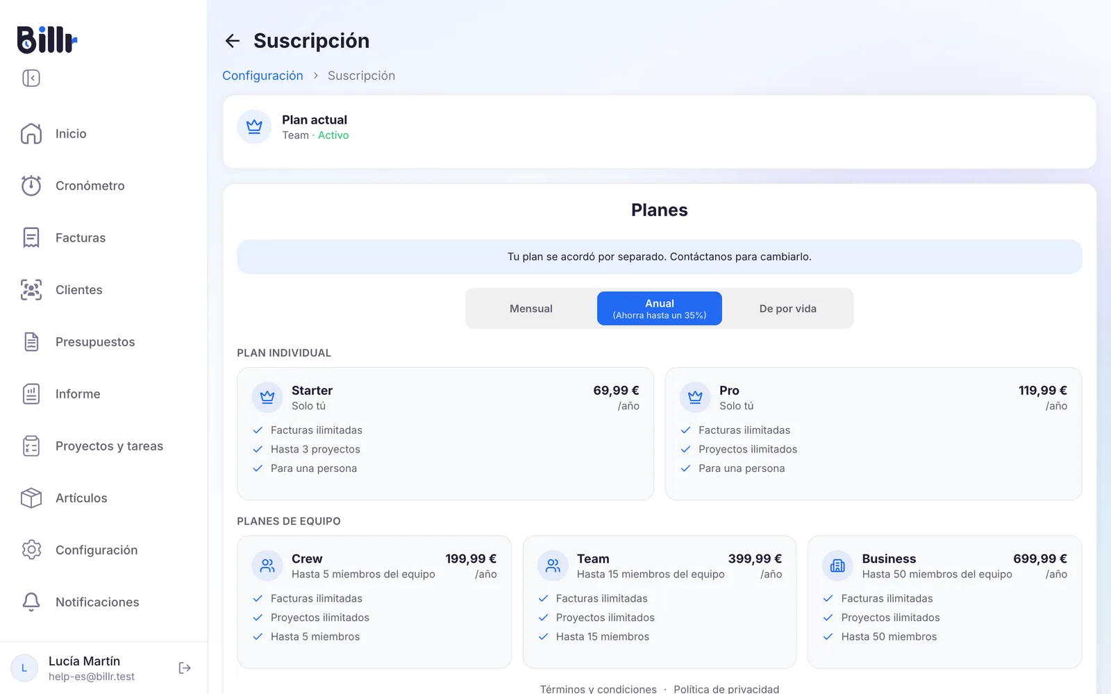 La pantalla Suscripción de Billr, con el plan actual y los planes Starter, Pro, Crew, Team y Business