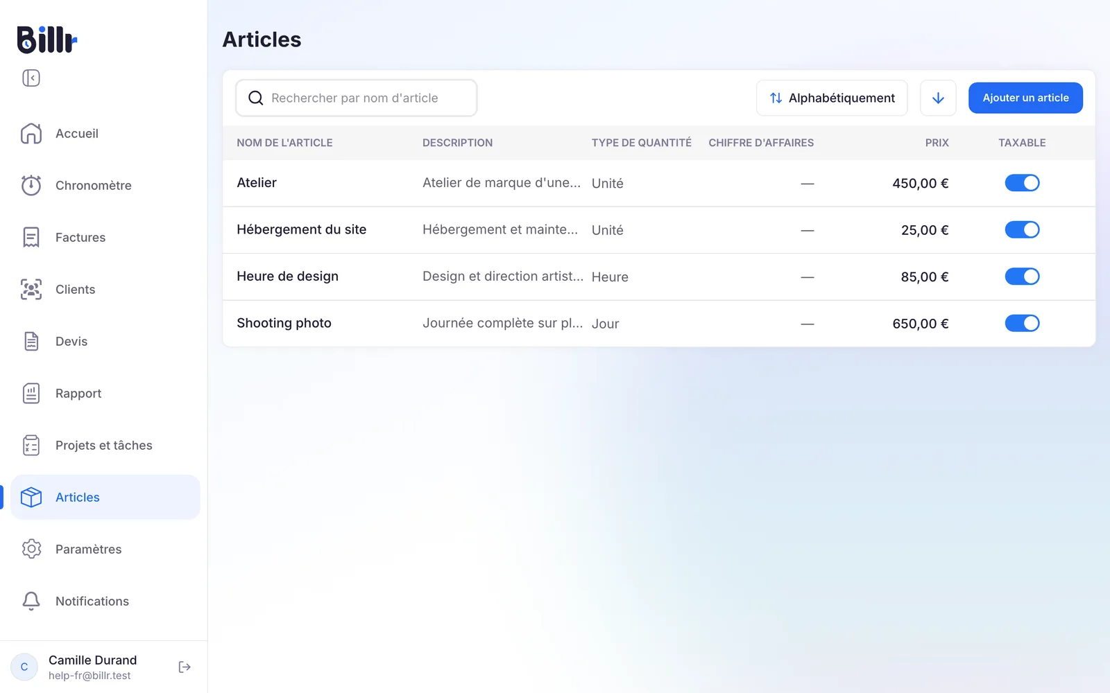 L'écran Articles dans Billr, avec pour chaque article la description, le type de quantité, le chiffre d'affaires, le prix et s'il est taxable