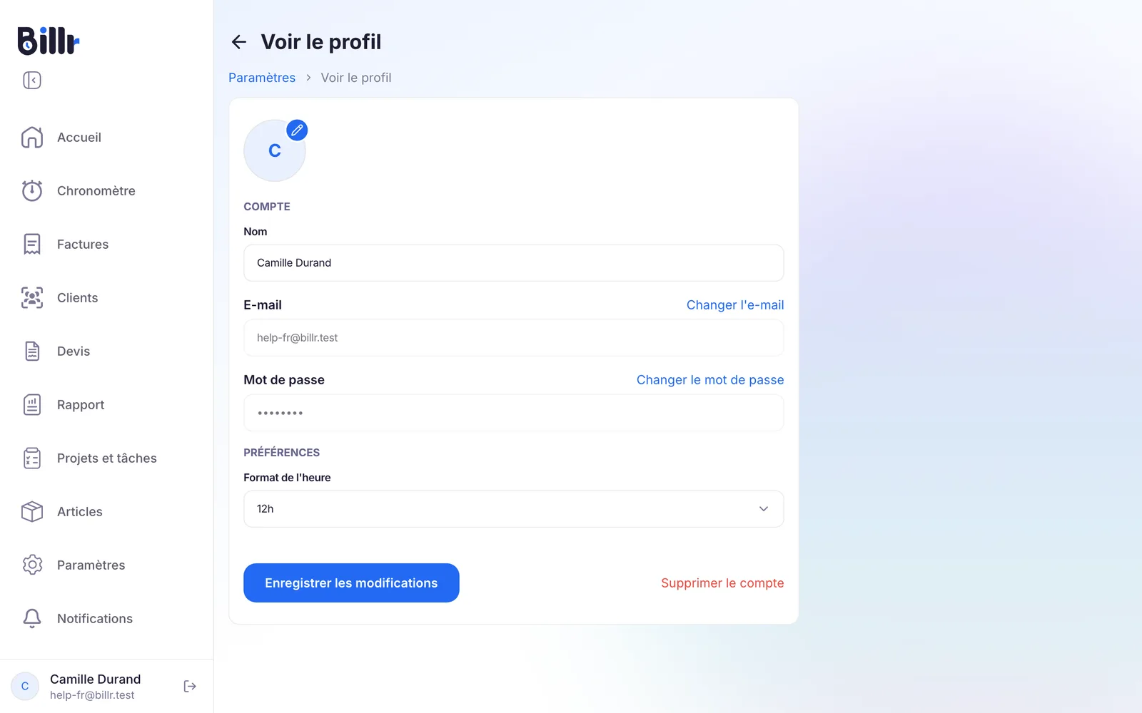 L'écran Voir le profil dans Billr, avec le nom, l'adresse e-mail, le mot de passe, le format de l'heure et le bouton Supprimer le compte