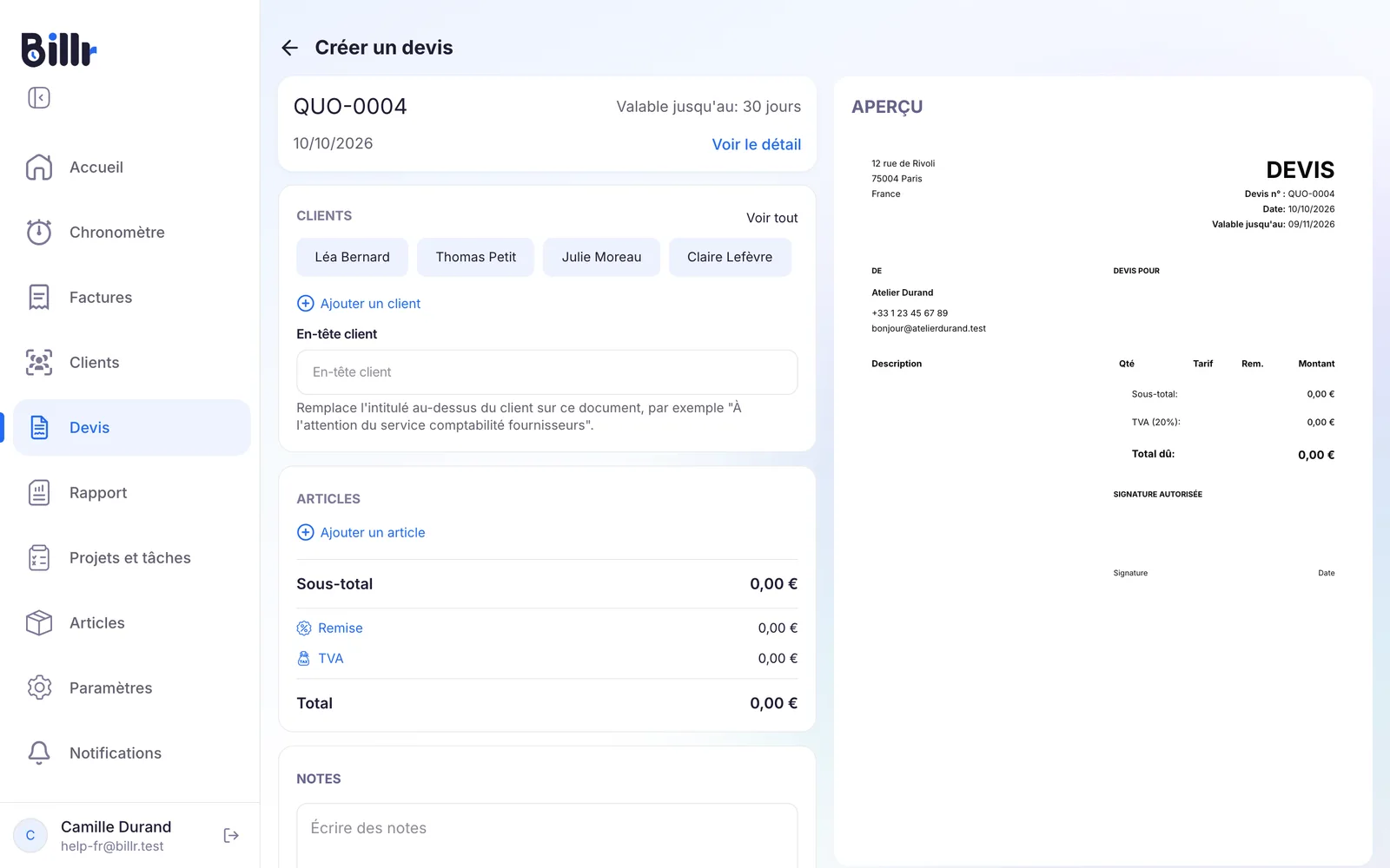 Un nouveau devis avec le client, les lignes et l'aperçu du PDF à droite