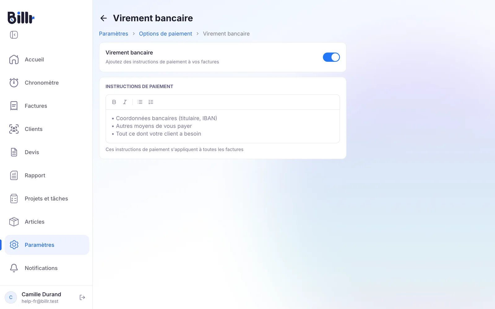 L'écran Virement bancaire, activé, avec le champ des instructions de paiement
