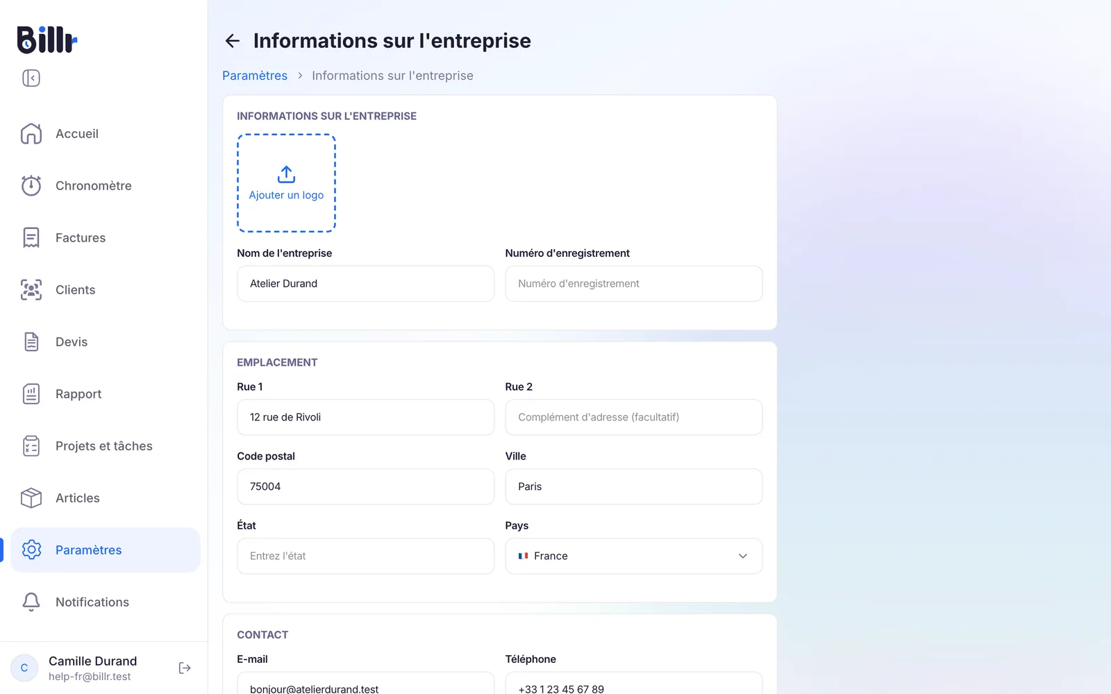 L'écran Informations sur l'entreprise, avec un champ pour le logo, le nom de l'entreprise, l'adresse et les coordonnées