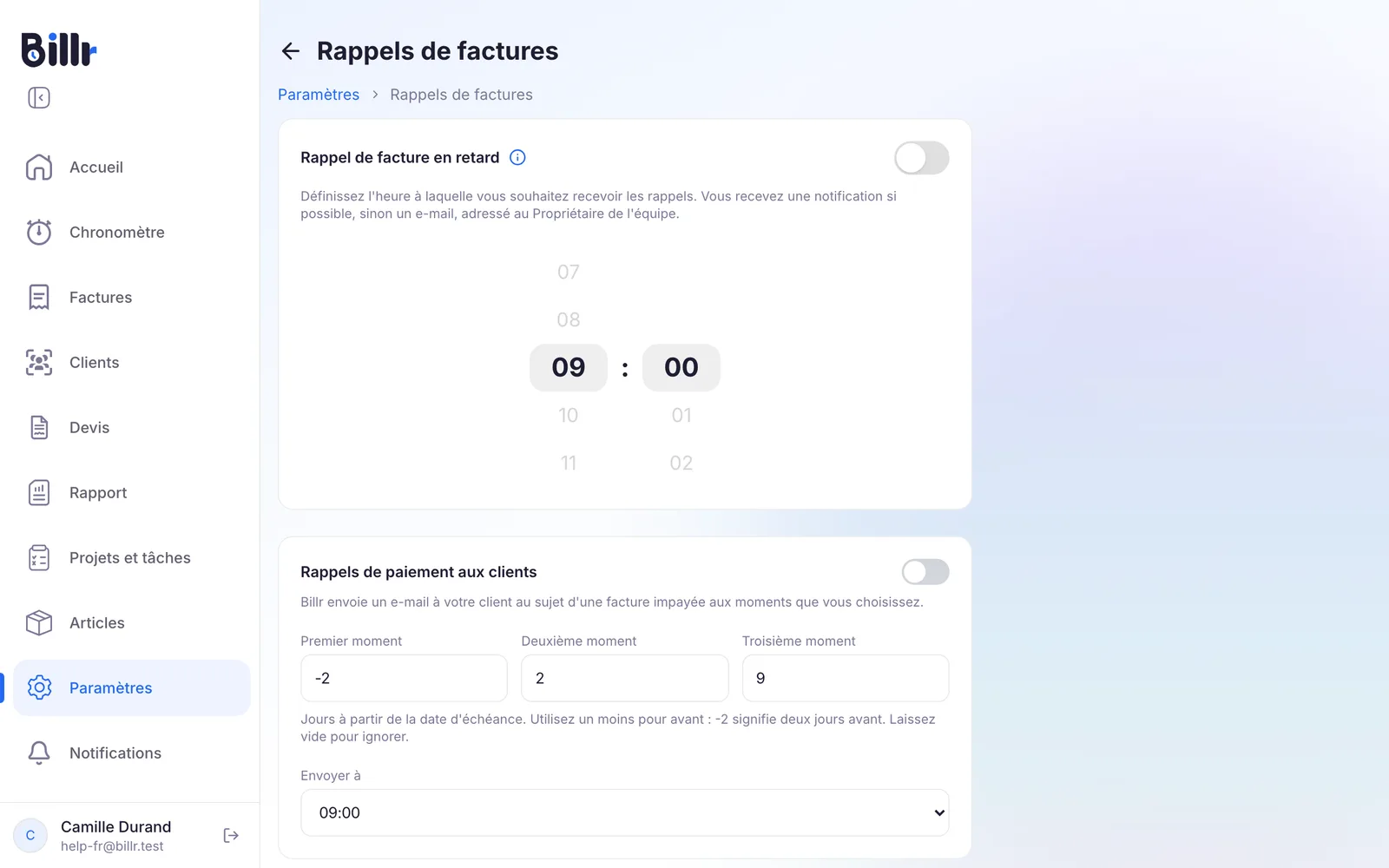 L'écran Rappels de factures dans Billr, avec le rappel de facture en retard pour votre équipe et les rappels de paiement aux clients avec trois moments et une heure d'envoi