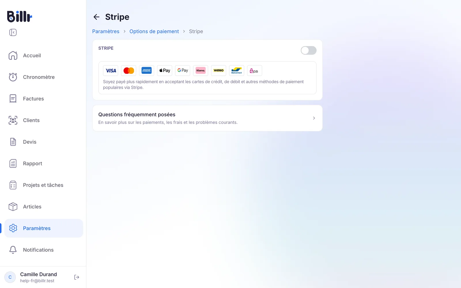 L'écran Stripe avec l'interrupteur pour lancer la configuration et les moyens de paiement proposés par Stripe