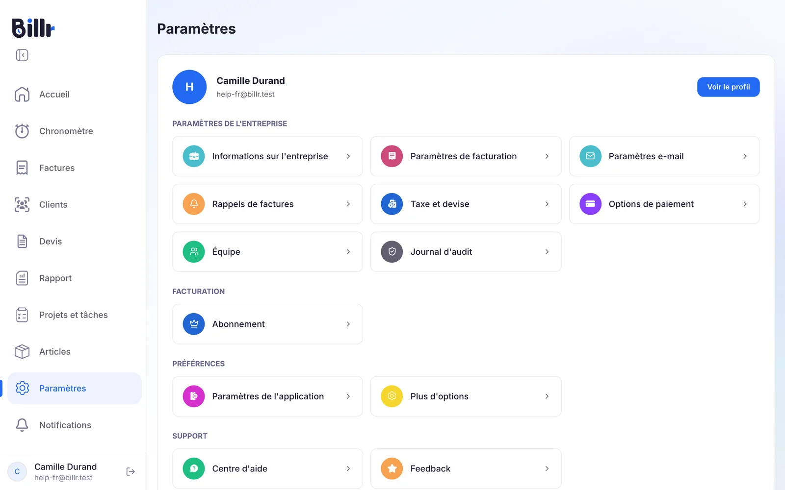 L'écran Paramètres dans Billr, avec votre profil en haut et Paramètres de l'entreprise, Facturation, Préférences et Support en dessous