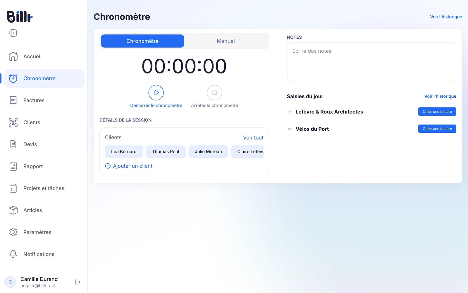 L'écran Chronomètre dans Billr, avec le chronomètre, le client pour qui suivre le temps et les saisies du jour à droite