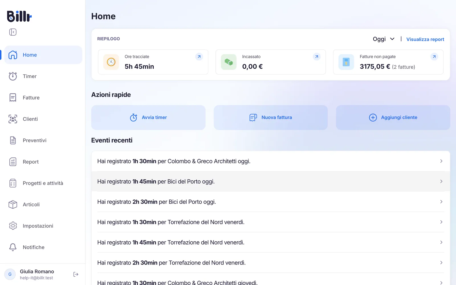 La schermata Home in Billr, con il riepilogo e le azioni rapide, che funzionano con o senza connessione