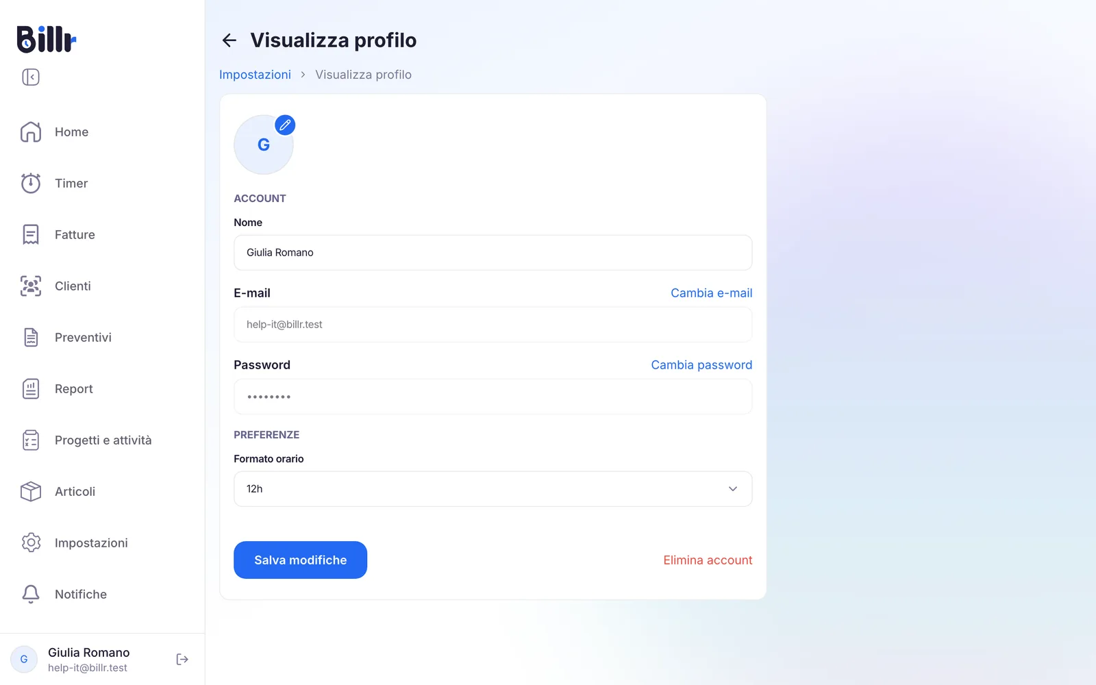 La schermata Visualizza profilo in Billr, con nome, indirizzo e-mail, password, formato orario e il tasto Elimina account