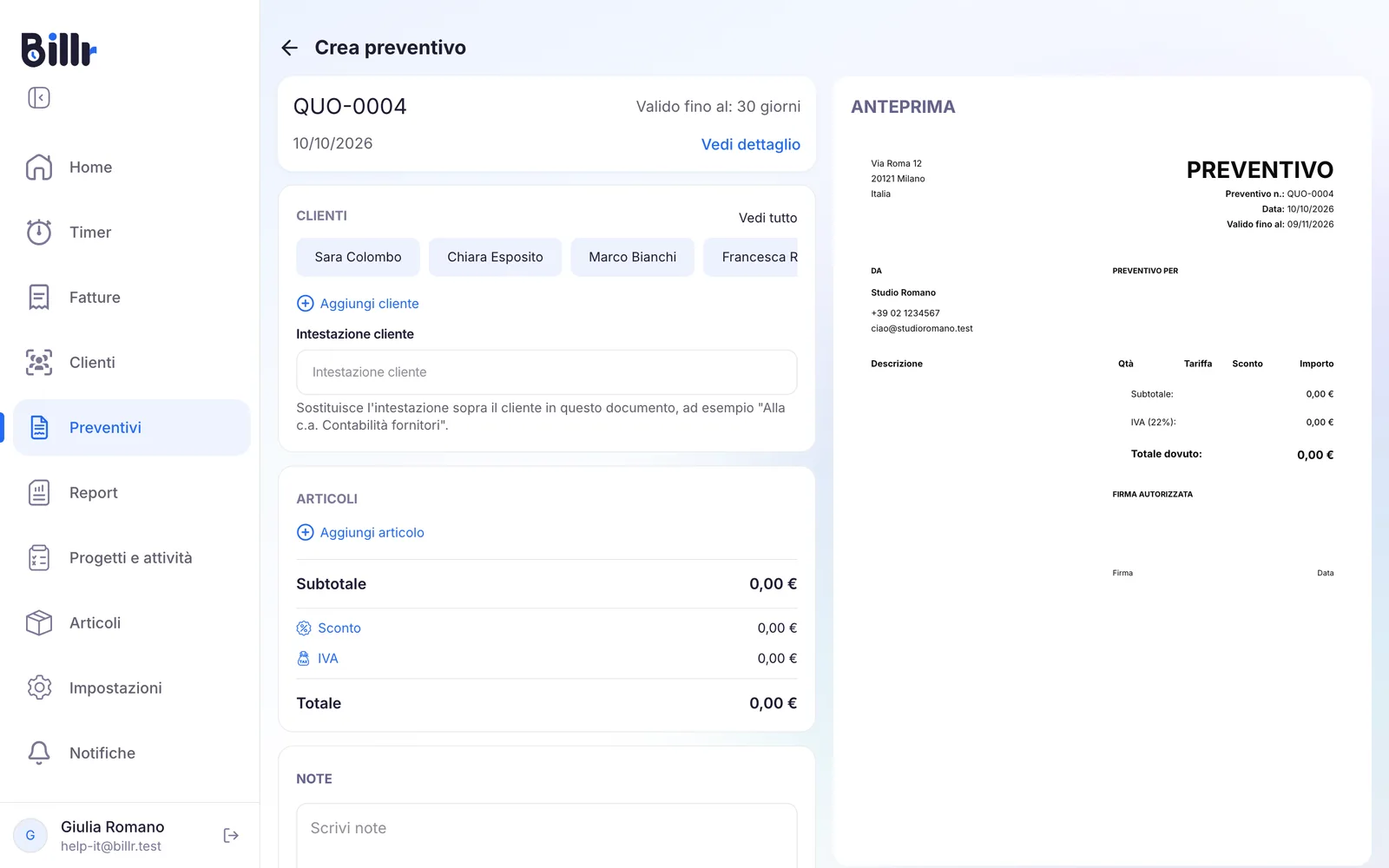 Un nuovo preventivo con il cliente, le righe e l'anteprima del PDF sulla destra