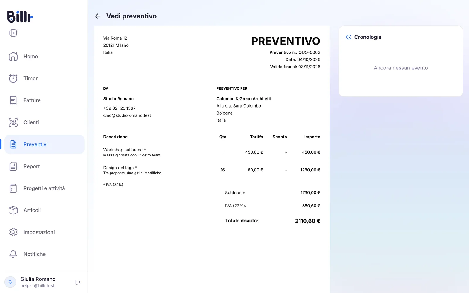 Un preventivo in Billr come lo vede il tuo cliente, con le righe, l'imposta e il totale, e la cronologia sulla destra