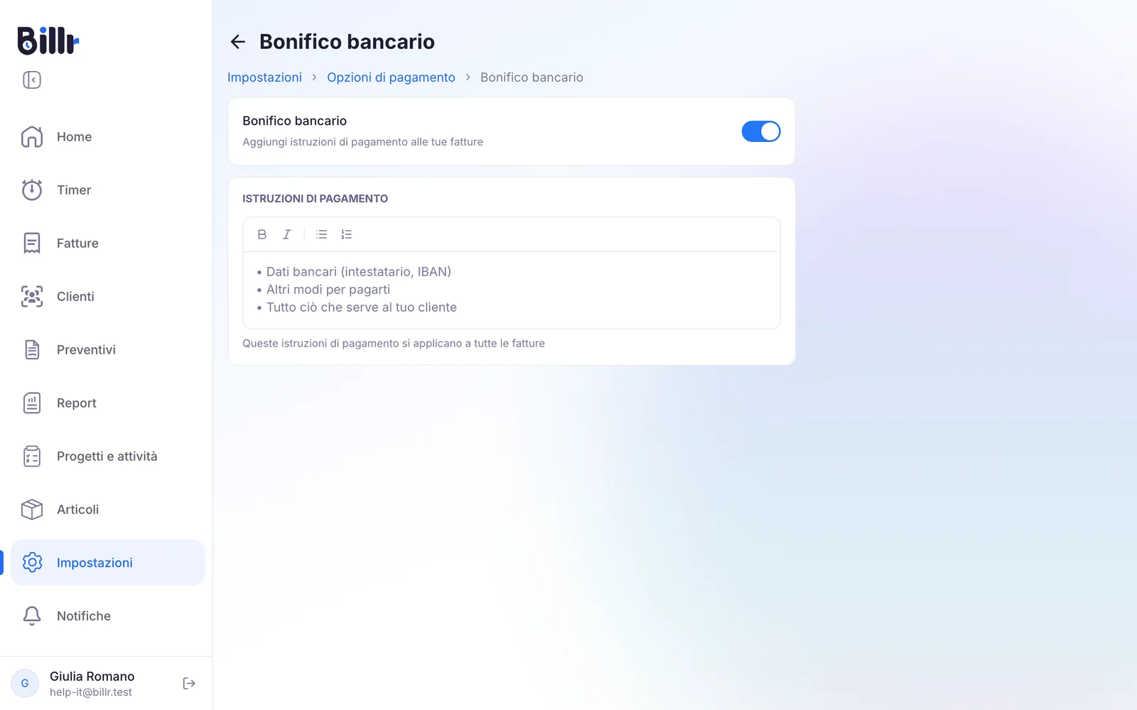 La schermata Bonifico bancario, attivata, con il campo per le istruzioni di pagamento