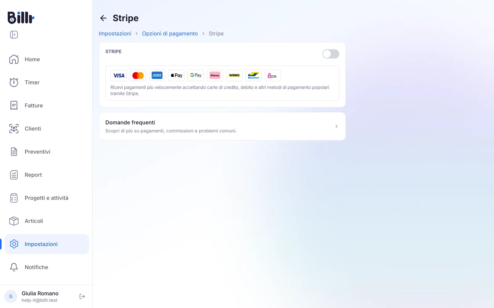 La schermata Stripe con l'interruttore per avviare la configurazione e i metodi di pagamento offerti da Stripe